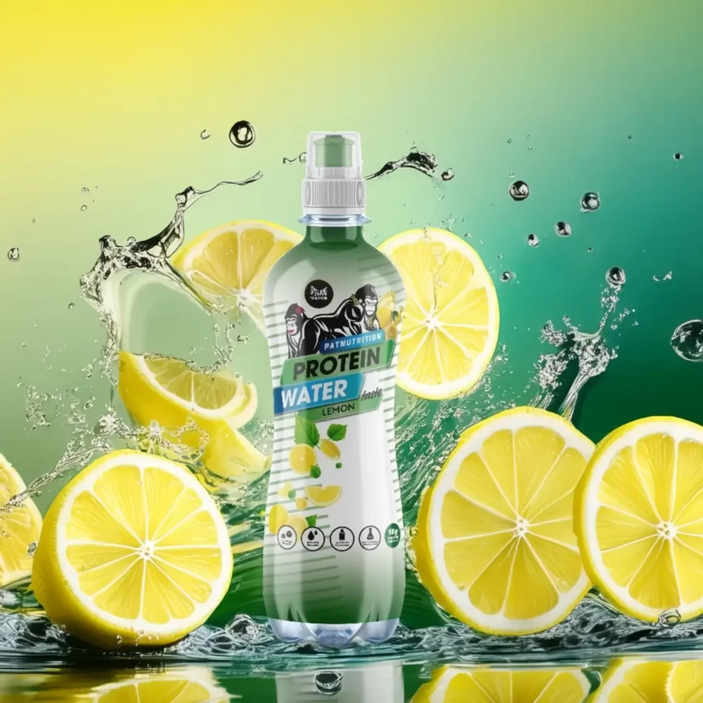 Green bottle of lemon-flavored protein water surrounded by splashing water and fresh lemon slices, set against a gradient green and yellow background for a vibrant and refreshing look