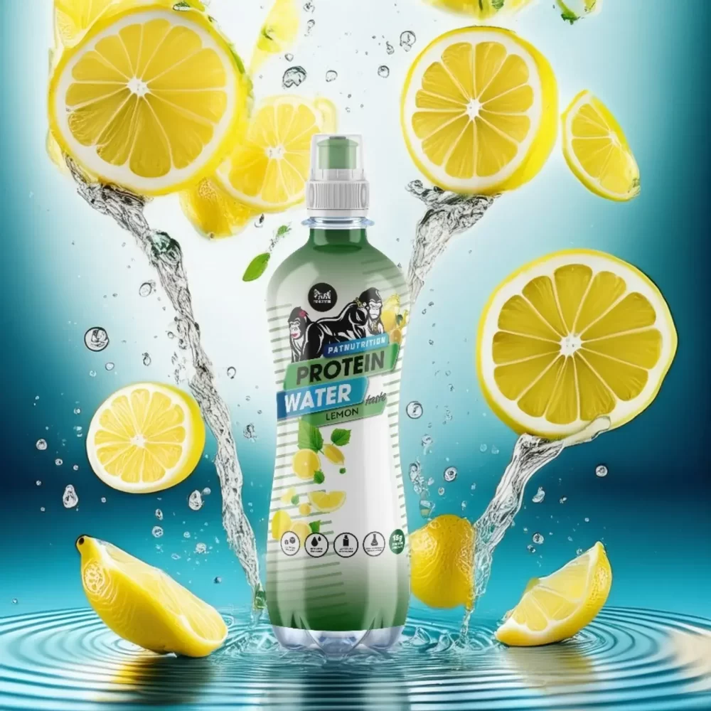 Green bottle of lemon-flavored protein water standing in front of a vibrant blue background, surrounded by splashing water and floating lemon slices, creating a fresh and energetic visual