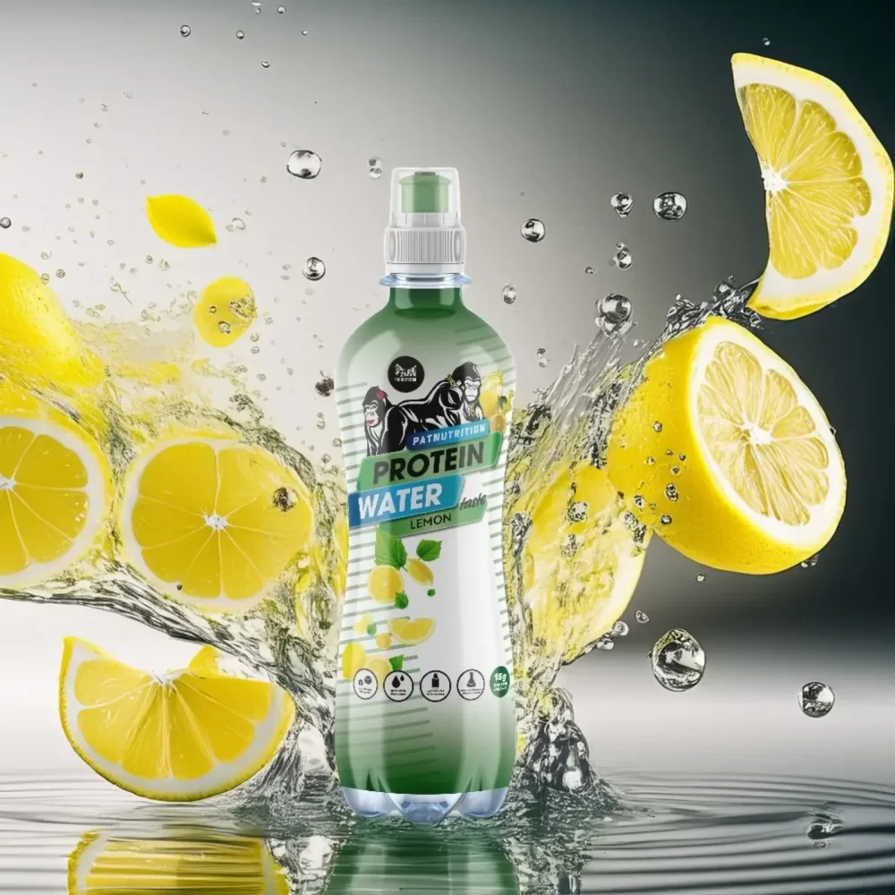 Green bottle of lemon-flavored protein water with vibrant label, surrounded by splashing water and fresh lemon slices, set against a dark gradient background for a refreshing and energetic presentation