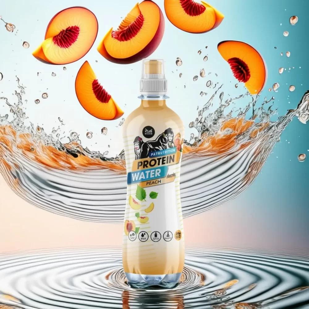 Peach-colored bottle of protein water with dynamic splash effects and floating peach slices, set against a gradient blue and peach background with rippling water for a fresh and vibrant appeal