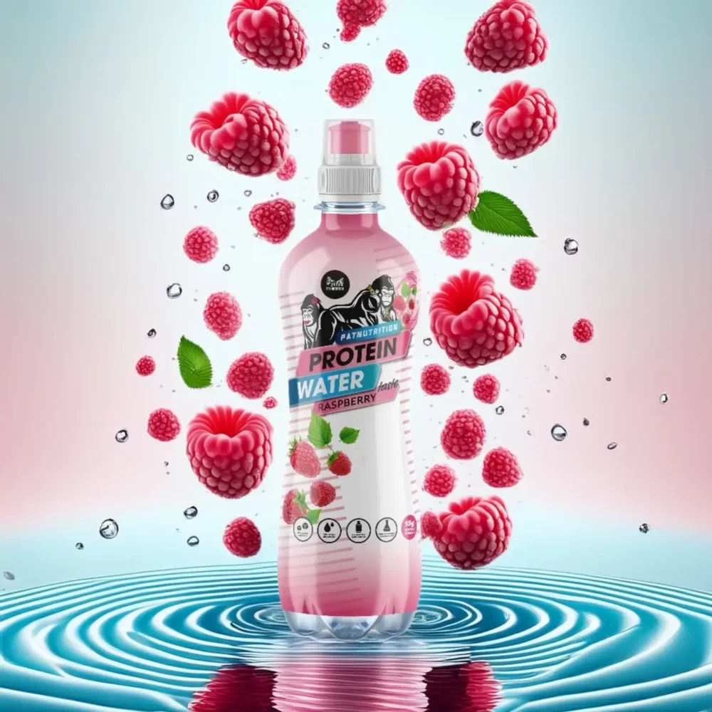 Pink bottle of raspberry-flavored protein water surrounded by floating raspberries, mint leaves, and water droplets, set against a soft gradient background of blue and pink with rippling water at the base